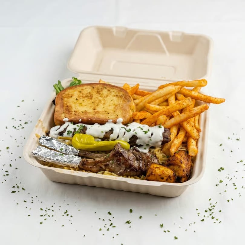 Takeout container filled with grilled meats, rice, fries, garlic bread, and a pepper.