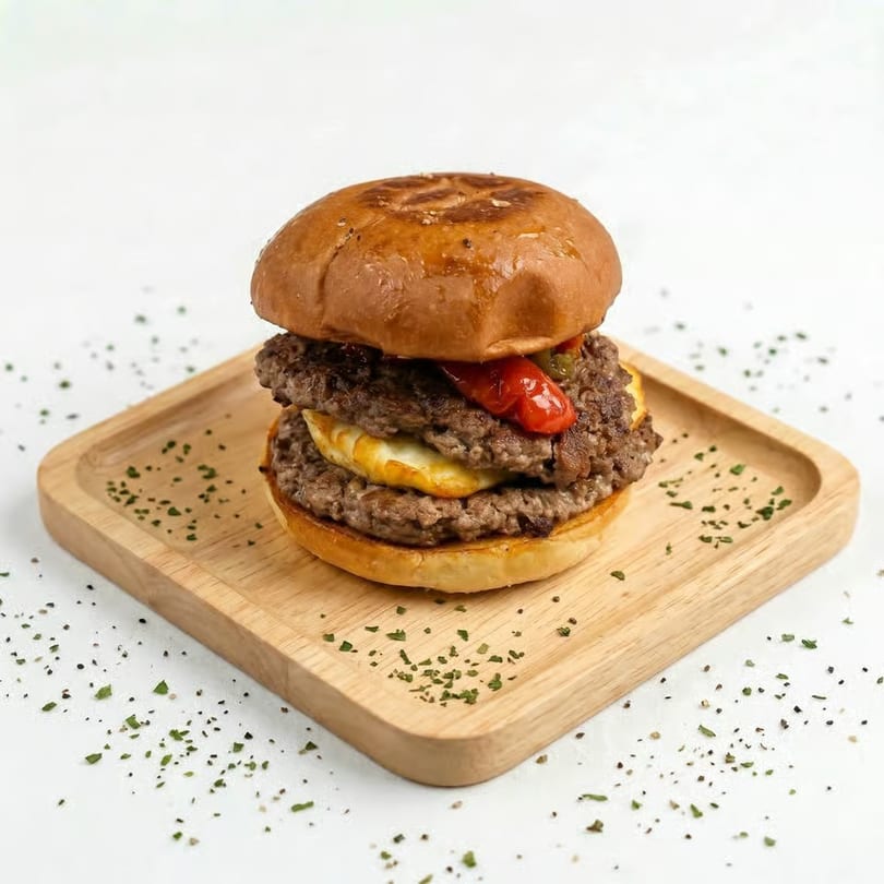 A double-patty burger with cheese and red pepper on a wooden tray with herbs.
