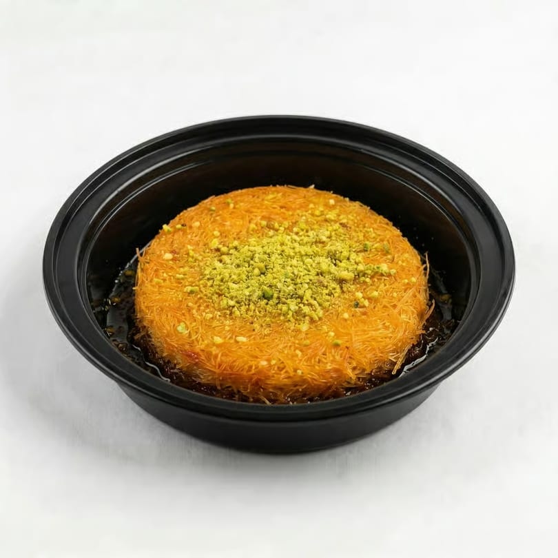Kunafa dessert in a black bowl, topped with green pistachios and soaked in syrup.